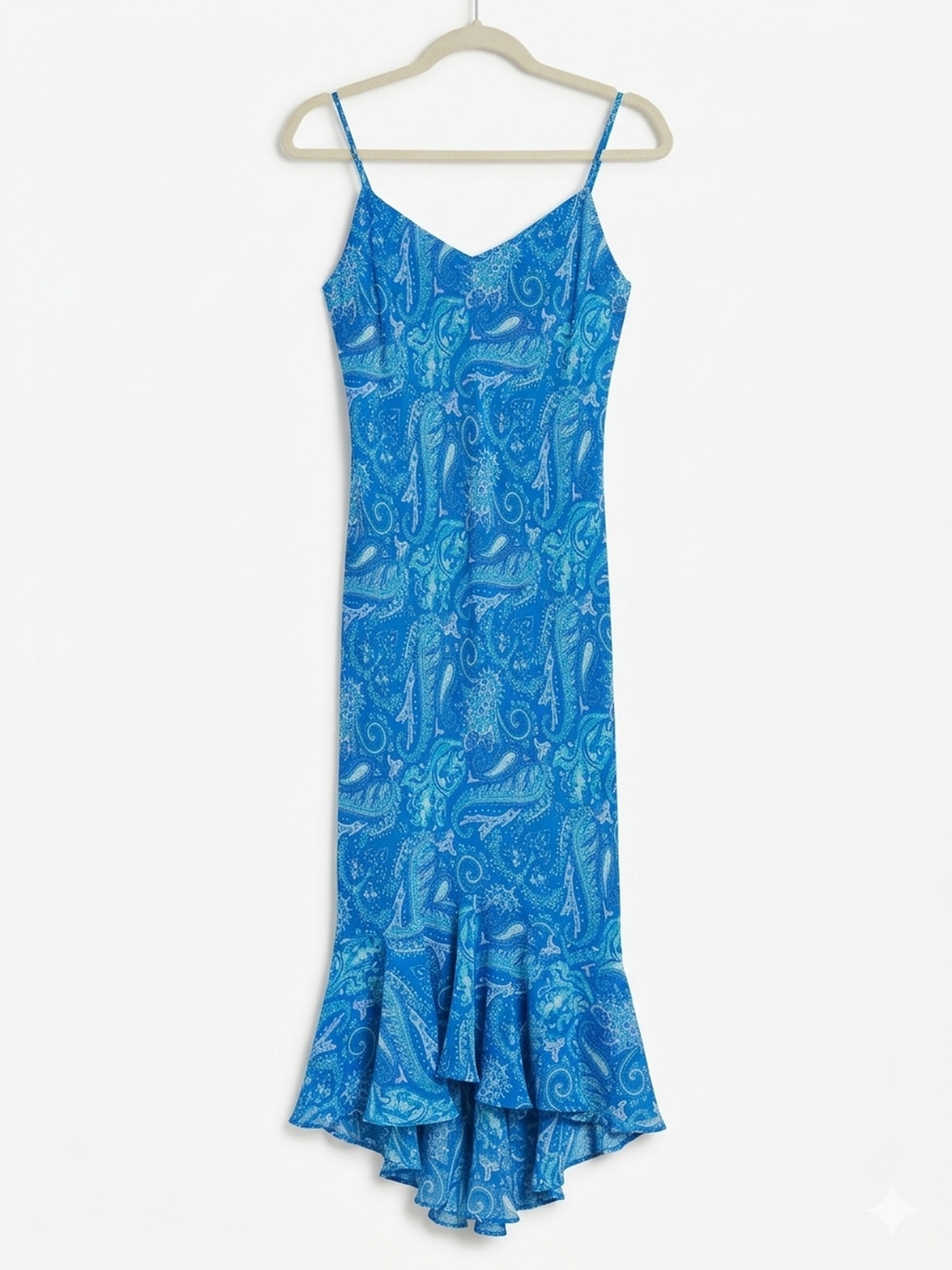 NK Collezione Blue Paisley Ruffle Hem Midi Dress Medium Boho Summer Chic Beach